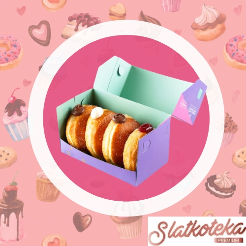 Bakin izbor 4 krofne za poklon na roze pozadini