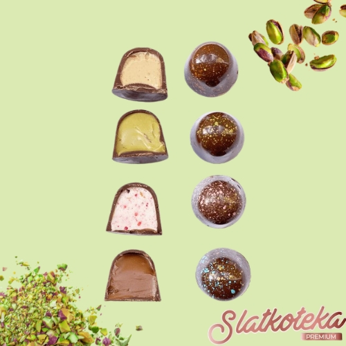 Mini praline box pistać-malina na zelenoj pozadini sa pistaćima