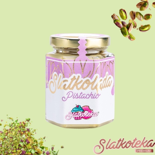 Slatkolada Pistachio krem od pistaća na zelenoj pozadini sa pistaćima