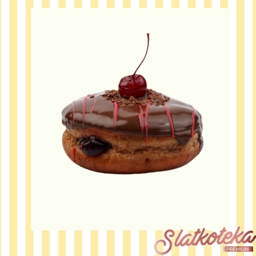 čoko čeri slatkoteka krofna na žutoj pozadini
