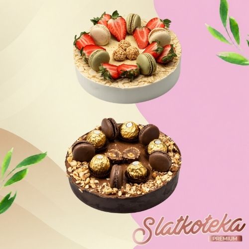 prikaz Cheesecake iznenađenja jagoda i nugat, roze krem pozadina