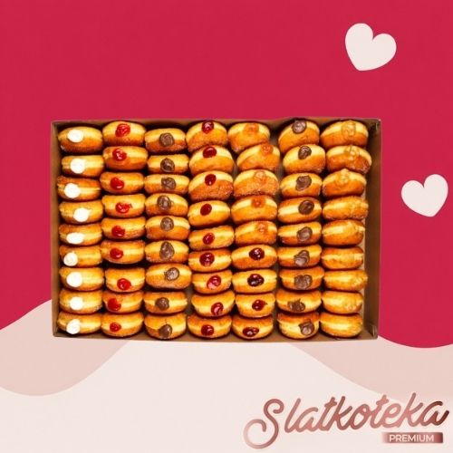 MINI – Party mix slatkoteka krofne na roze pozadini sa slatkoteka logoom