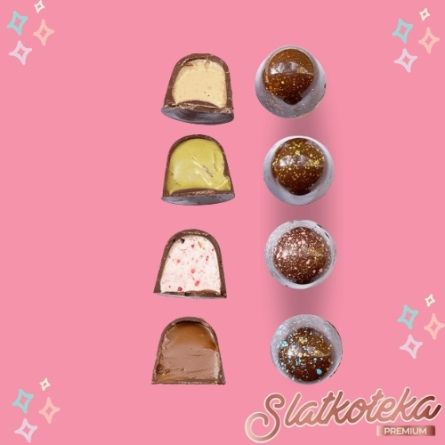 Mini praline 160g box pistać-malina za posluženje na roze pozadini