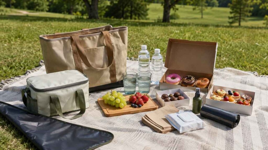 Oprema za piknik na ćebetu u parku, sa torbama, vodom, čašama, voćem, desertima, daskom, salvetama i sredstvom protiv komaraca.