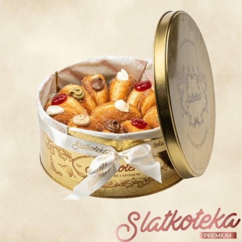 klasik mix krofni u metalnoj kutiji na krem pozadini