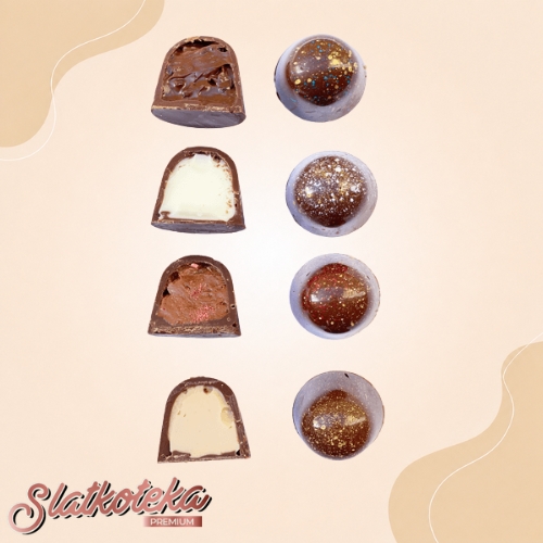 Mini praline sa nugat, lešnik, Kinder i čokoladnim kremom, prikazane cele i u preseku