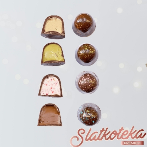 Mini praline pistać-malina na sivoj pozadini sa šljokicama