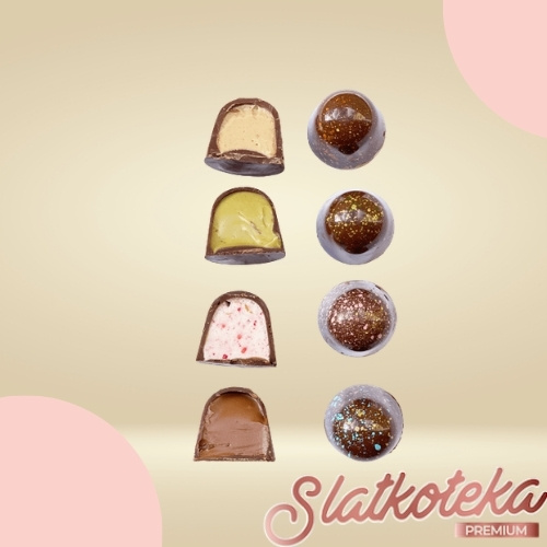 Mini praline pistać-malina na krem pozadini