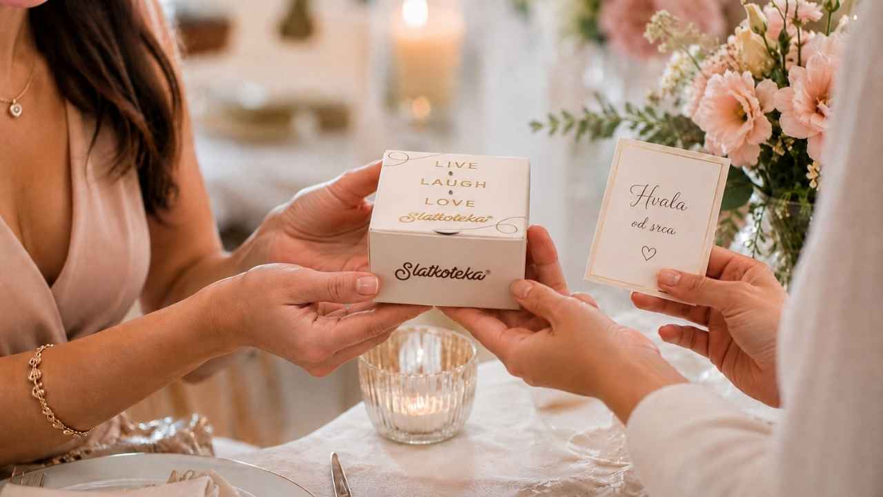 Osoba uručuje Slatkoteka Dubai mini praline u obliku srca uz karticu zahvalnosti na svečano dekorisanom stolu.