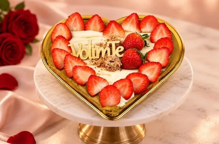 prikaz torte ljubavi 1 servirane na stalku uz ruže i roze stolnjak