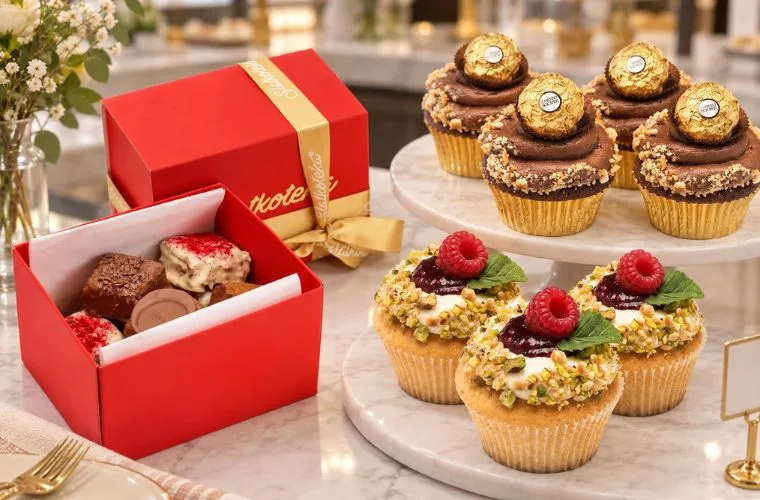 Pistać kapkejk, Brownie mini bites i Rocher kapkejk na stolu za slatko posluženje