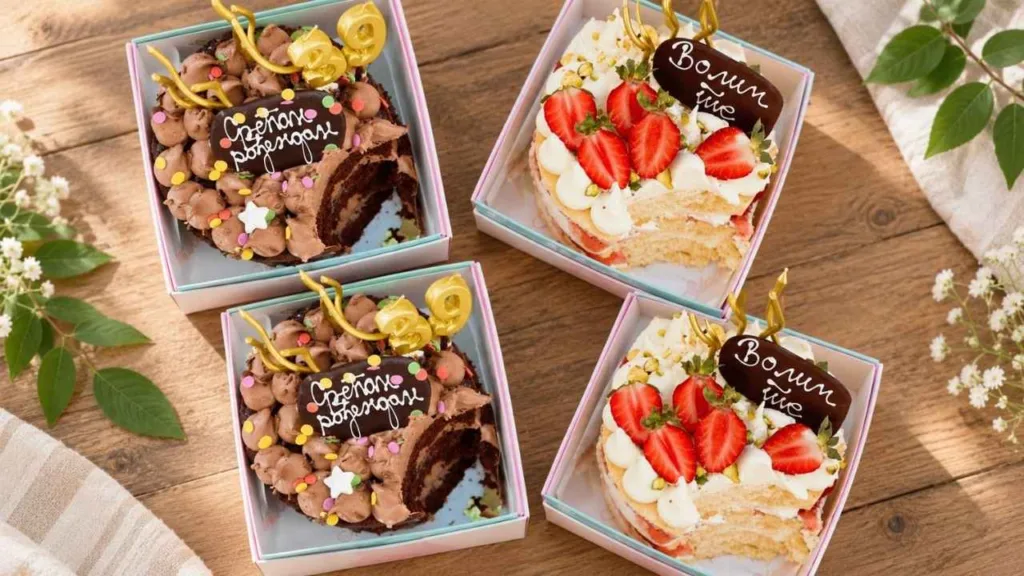 slatkoteka 4 torte čoko i kapri na stolu sa listovima i cvećem